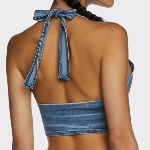NWT Dolls Kill Current Mood Denim Halter Top with Floral Patches - Picture 7 of 8